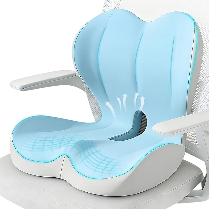 Seat Cushion for Office Chair and Car, Lumbar Support Pillow for Office Chair, Memory Foam Ergonomic Seat Cushion for Long Sitting, Back & Tailbone Pain, Sciatica - Blue & Gray