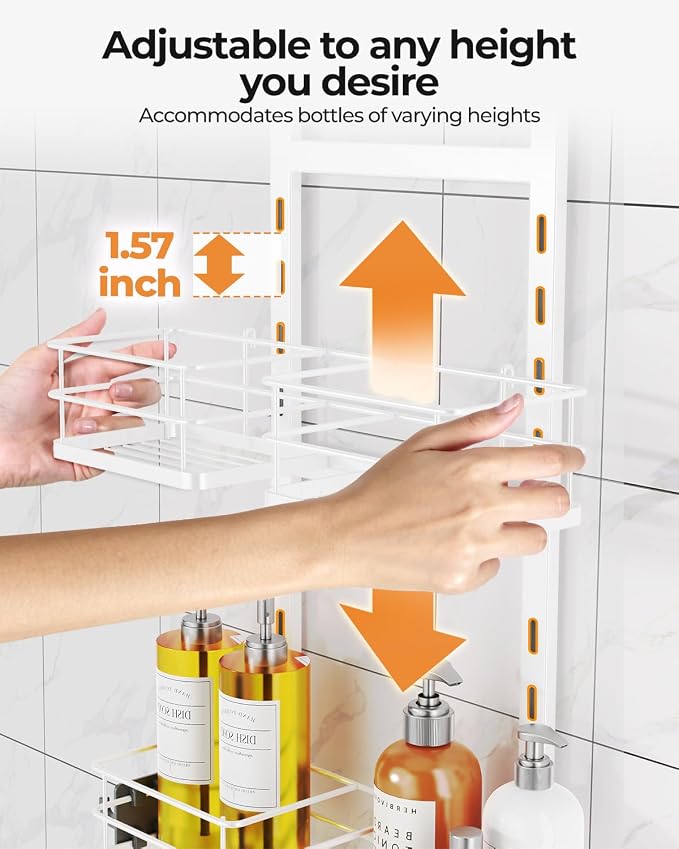 ODesign 2 Tier Height-Adjustable Shower Caddy Hanging Anti-Swing-Over The Shower Head Caddy-Storage Organizer Bathroom Shelves Basket-White