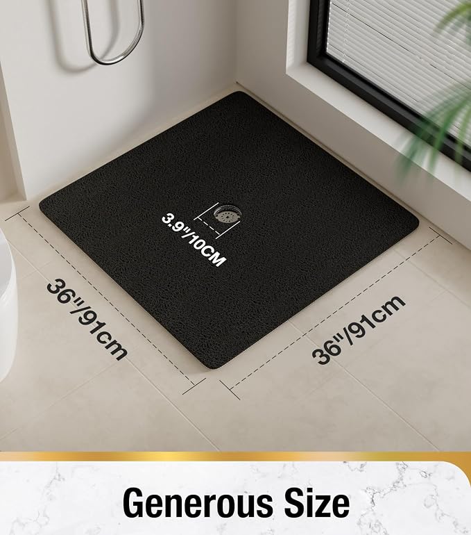 HITSLAM Square Shower Mat, 36 x 36 Inch Non Slip Bath Mat for Tub, Soft PVC Loofah Bathtub Mats with Drain Holes, Quick Drying Bathroom Stall Floor Mat, Bathroom Accessories Without Suction Cup, Black