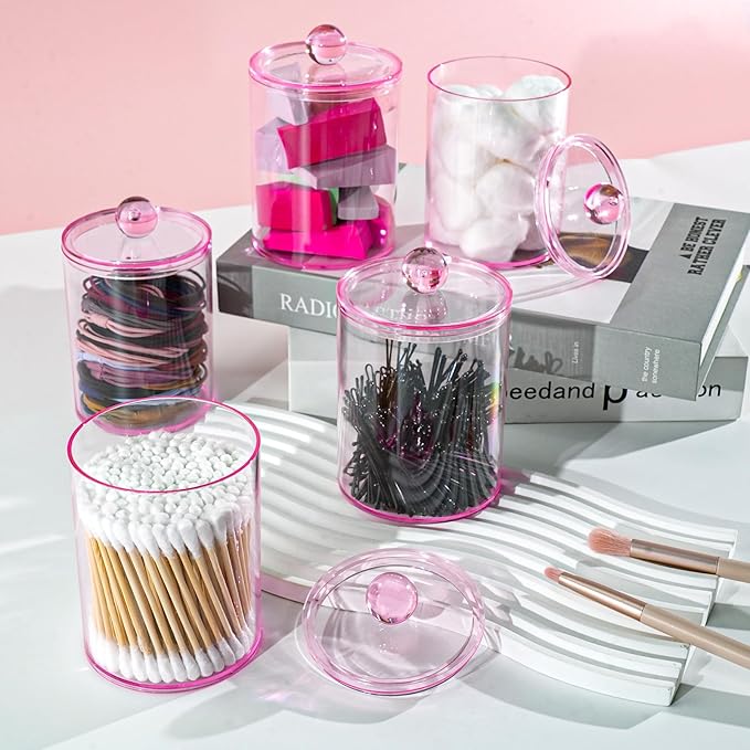 XIPENGKEJI 2 Pack Qtip Holder,Canister Apothecary Jar Set, Bathroom Jars with Lids Set for Cotton Swabs, Balls, Pads, Floss Picks,10oz-12oz Plastic Canisters Restroom Bedroom Vanity Organizer(Pink)