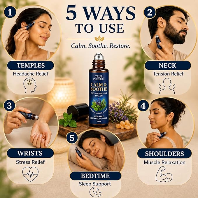 Soothe & Calm Essential Oil Roll On – Frankincense & Lavender Essential Oil Roller – Stress Relief Oil Roll On – 100% Pure Aromatherapy Calming Oils for Anxiety, Migraine & Sleep – 10ml TRUÉ PURSUÉ