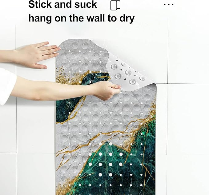 LNOND Marble Bath Tub Mat Non Slip, Extra Long 40 X 16 Inch Anti Slip Mat for Bathtub, Green and Gold Marble Shower Mat with Drain Holes and Suction Cups, Machine Washable