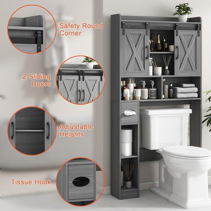 Farmhouse Over The Toilet Storage Cabinet with Sliding Door & Toilet Paper Holder Stand, Space-Saving for Bathroom & Restroom, Wash Grey