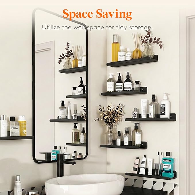 Lifewit Floating Shelves for Bathroom, Acrylic Display Shelf Wall Mounted for Makeup, Skincare, Nail Polish, Book, 14" Perfume Organizer for Bedroom, Living Room, Nursery, Home Decor, Black, 4 Pack
