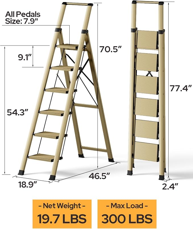 6 Step Ladder for 12 Feet High Ceiling, Lightweight Aluminum Folding Step Stool with Convenient Handgrip, Stepladders with Anti-Slip and Wide Pedal for Home Use Space Saving - Gold