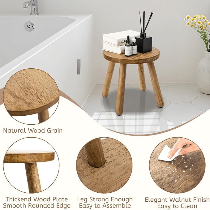 Youeon 12 Inch Round Solid Wooden Step Stool, Non-Slip One Step Stool for Adults, Holds up to 300 Lbs, Portable & Sturdy, Footstool for Bedroom, Bathroom, Kitchen, Easy to Assemble