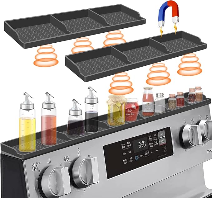 Hydream Stove Top for Shelf Silicone,30 Inch Magnetic Over the Stove Spice Rack of Shelf,Kitchen Organizer Magnet Above Stovetop Flat Back of Stove Storage Suctioned-Dark Grey