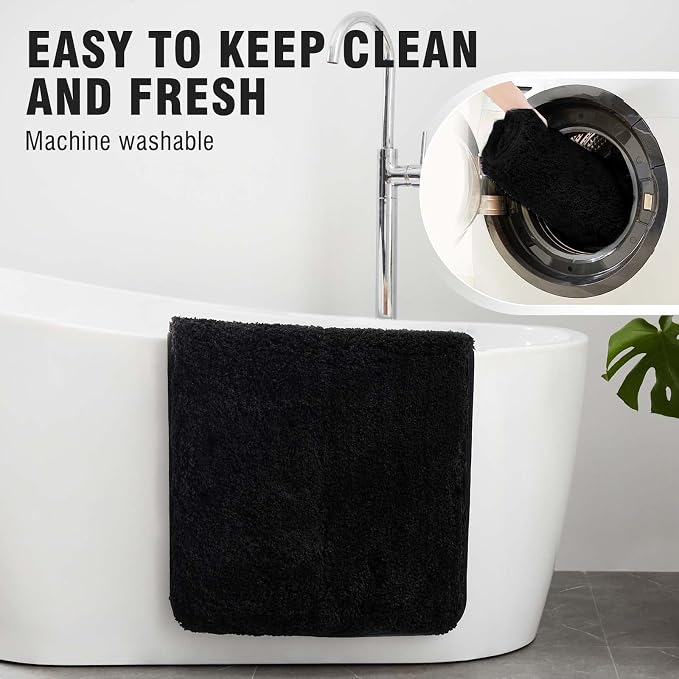 TECHMILLY Super Soft Shaggy Bathroom Rugs, Absorbent Thick Non Slip Microfiber Bath Rugs, Quick Dry Machine Washable Bath Mat for Bathroom Floor, Bathtub and Shower 24"x36" Black