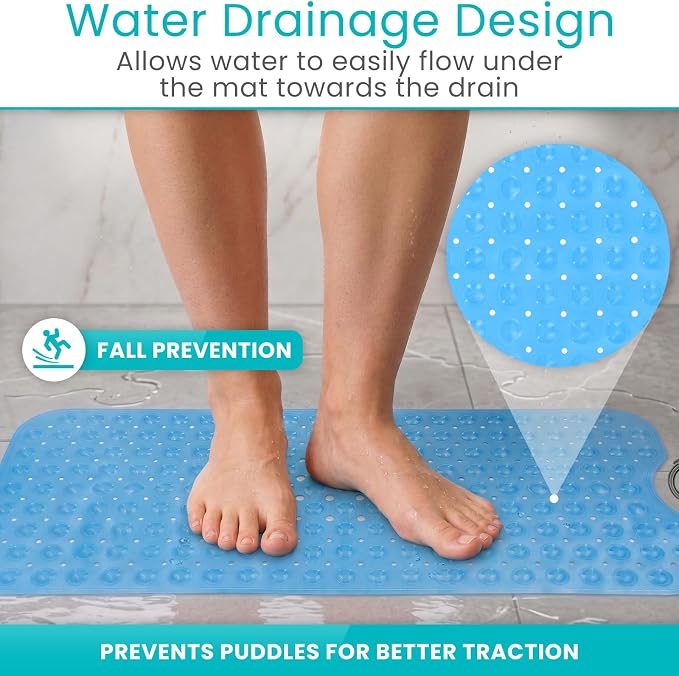 Vive Bathtub Mat for Bath & Shower Floors - Anti Non Slip Suction Rubber Skid Pad for Tub, Bathroom, Elderly, Kids - Eco-Friendly, Resistant Strong, Textured Rectangle Grip - Machine Washable (Blue)