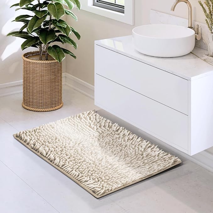 Hearth & Harbor Bathroom Rugs, Chenille Bath Mat - Machine Washable Bath Mats for Bathroom Non-Slip Backing Rubber, Quick Dry Bathroom Mat, 17 x 24 - Ombre Beige