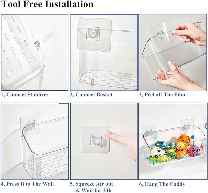 Bath Toy Storage 2 Packs, Large Bath Toy Holder, Quick Dry Bathtub Toys Organizer, Shower Caddy Shower Organizer for Bathroom Storage, No Drill Shelves Basket, Drainable, Clear White
