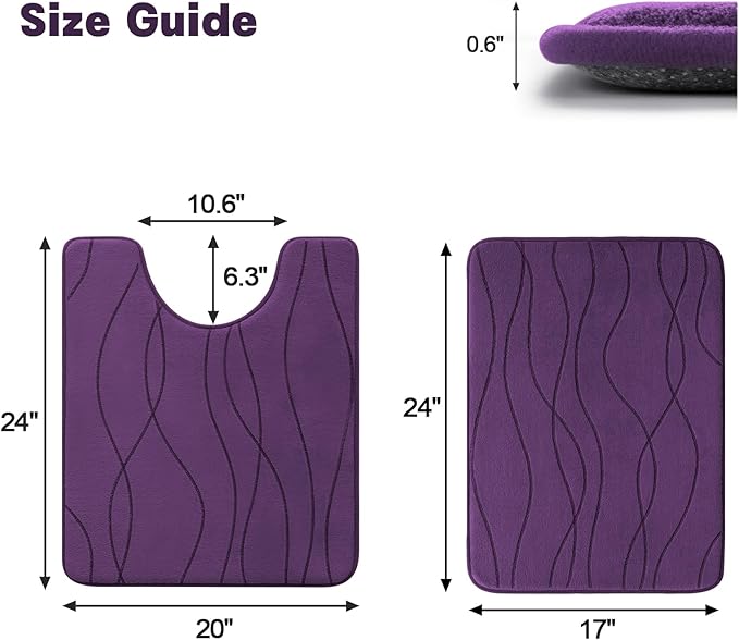 YIHOUSE Memory Foam Bathroom Rug Sets, Purple, 2 Piece-U Shape & Small Mat | Ultra Soft, Absorbent, Non-Slip, Machine Washable