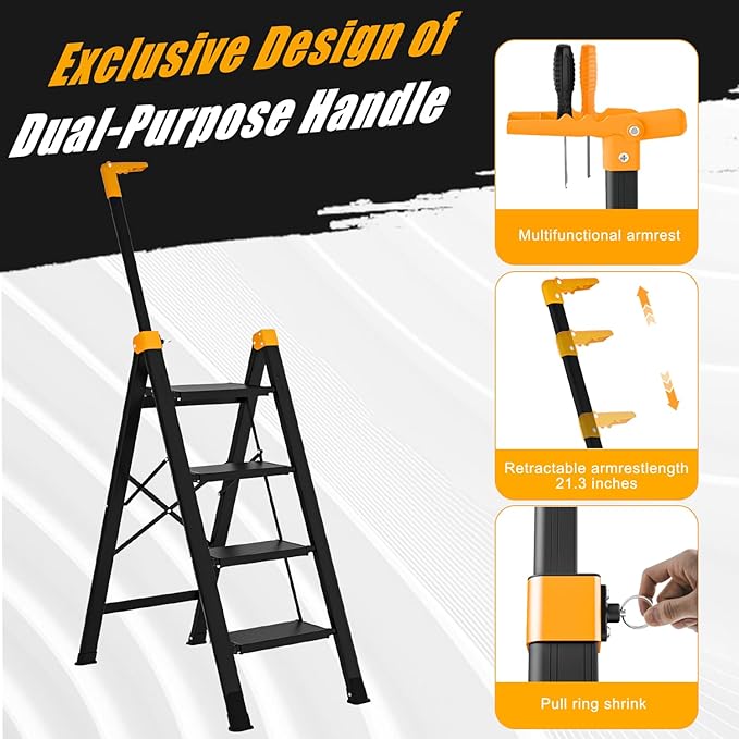 4 Step Ladder with Single-Handrail, Aluminum Step Stool Foldable, Lightweight Sturdy Step Ladder with Anti-Slip Pedals,Convenient Handrail for Home Kitchen Closet, 600lbs Max Load Capacity (Yellow)