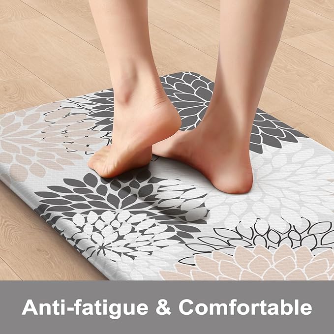Kitchen Rugs and Mats Cushioned Anti Fatigue Kitchen Mat 2PCS Non-Skid Waterproof Boho Kitchen Runner Rug Comfort Foam Standing Mat for Office,Laundry,Kitchen Sink,Grey Floral