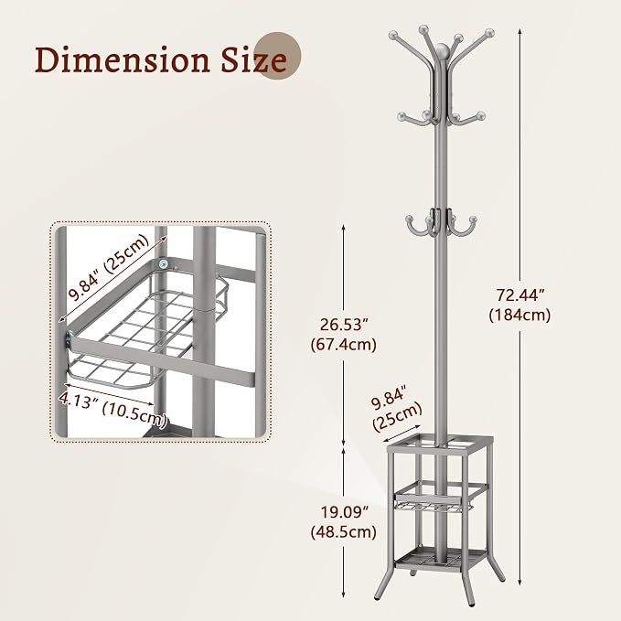 FAVOOSTY Coat Rack Freestanding,Coat Rack Stand with Umbrella Holder,Metal Coat Tree with 12 Hooks,Tree Clothes Hat for Entryway, Hallway, Bedroom, Living Room & Office - Silver Grey