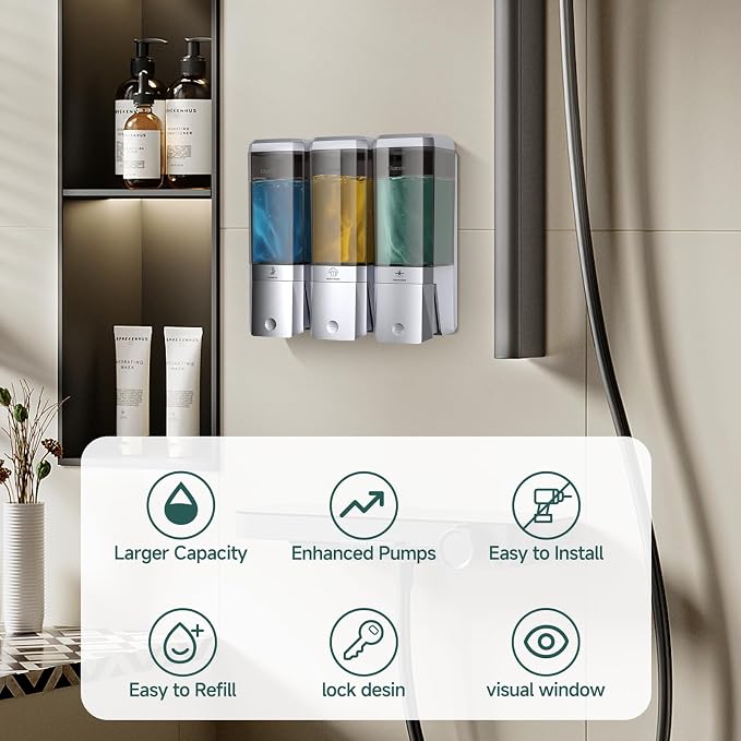 Shampoo and Conditioner Dispenser Wall Mounted No Drill, Shower Soap Dispenser 3 Chamber Shampoo Conditioner Body Wash Refillable 3 * 17oz Shower Soap Dispenser for Bathroom Hotel, Silver+Smoke Gray