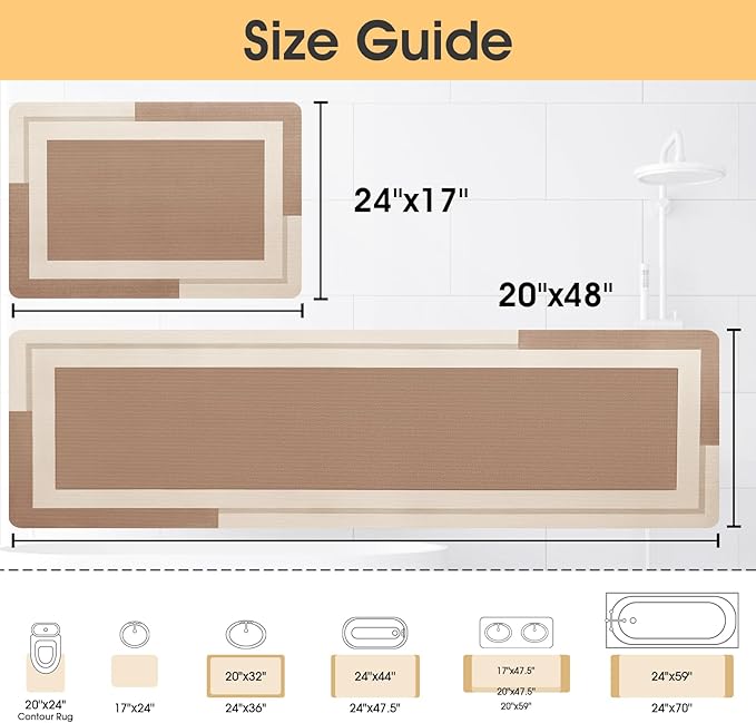 ACCUMTEK Non Slip Bath Mat, Thin Bathroom Rugs Fit Under Door, Quick Dry Bath Mats, Machine Washable Bath Rugs for Bathroom, Bathtub & Kitchen, Light Brown/Bordered/24 x17+48"x20"