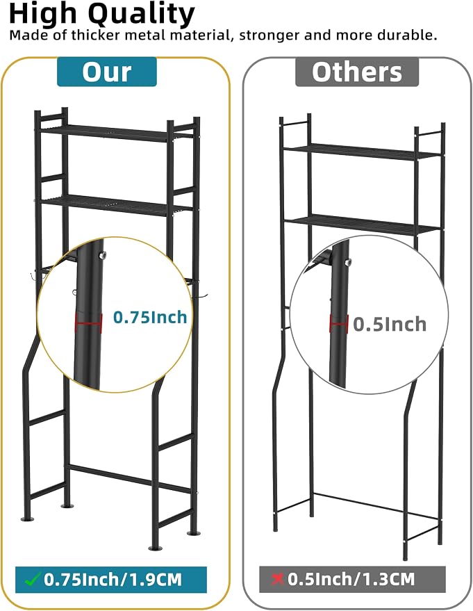 Livilord 3-Tier Over The Toilet Storage, Freestanding Metal Bathroom Shelves with 4 Hooks, Over Toilet Storage Shelf with Paper Holder, Above The Toilet Shelf for Bathroom Storage, Black