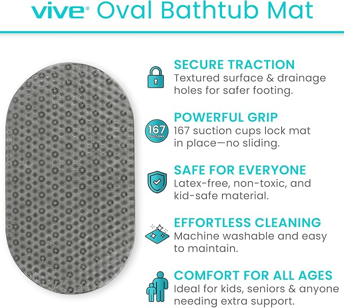 Vive Oval Bathtub Mat - Nonslip Shower Floor Pad - Non-Slip and Non-Skid for Bath Tub with Strong Rubber Suction Cup Grip - for Baby, Elderly, Kids, Bathroom (Gray)