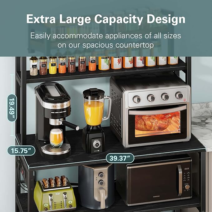 Denkee Large Bakers Rack with Power Outlets, 38 Inch Microwave Stand with Storage, 5-Tier Coffee Bar Stand, Industrial Kitchen Shelf Rack, Black