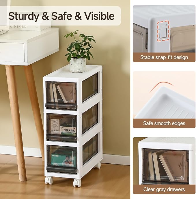 Plastic 3 Drawer Storage Organizer, Narrow Plastic Storage Drawers with Wheels, Storage Cart with Drawers for Small and Narrow Space, 7.87-inch Wide (white)