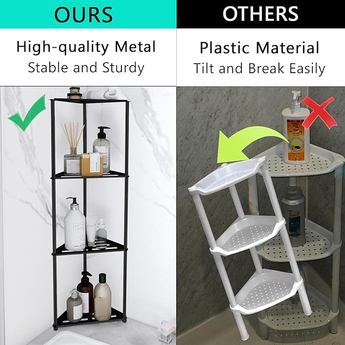 Standing Corner Shower Caddy, 4 Tier Stainless Steel Organizer Stand, Rustproof Shelves for Inside Shower, Black