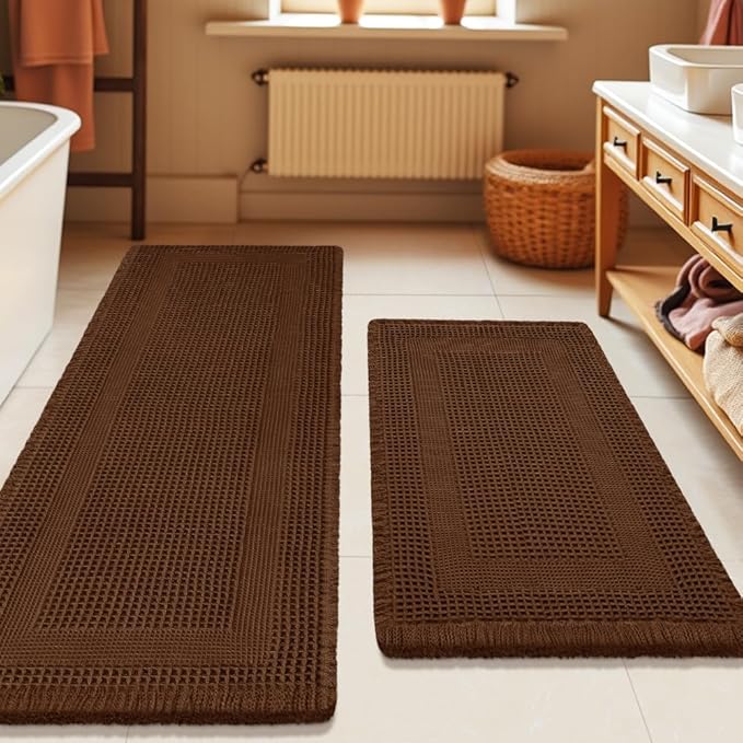 Waffle Bath Mat Set 2 Piece, Boho Woven Modern Bath Rug Absorbent Non Slip, Ultra Soft Bathroom Mats, Machine Washable Knit Bath Rugs with Tassels for Bathroom, Bedroom, Kitchen, Shower, Tub, Brown