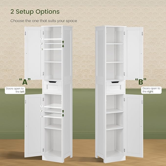 Iwell Tall Bathroom Cabinet, Slim Narrow Bathroom Storage Cabinet with Adjustable Shelves, Storage Cabinets with 1 Drawer, for Bathroom, Living Room, Entryway, Kitchen, White