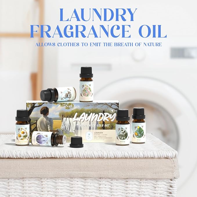 Soulorigin Laundry Fragrance Oils Set, Essential Oil for Diffuser, Aromatherapy Gift, Clean Scent Diffuser Oil, Use with Wool Dryer Balls,Chamomile, Fresh Cotton, Sage, Cedar, Lavender, Cherry Soap