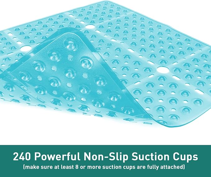 Large Square Shower Mat 27 x 27 Inch Clear Green, Non Slip Shower Bathtub Mats for Inside Shower with Big Suction Cups Drain Holes, Anti Slip Bathroom Floor Stall Mats, Easy Clean, BPA-Free