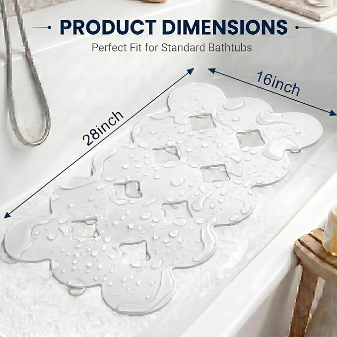 Webos Patented Non Slip Bathtub Mat Shower Bath Mats with Strong Suction Cups Superior Grip&Drainage Soft Heavy Duty Natural Rubber Bath Mat for Inside The tub (White, 28x16 inch)