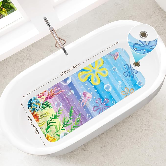 SHUCHING Girl Bath Mat for Tub Non Slip-40 X 16 Inch, Bathtub Mat Non Slip, Long Toddler Baby Kids Shower Mat for Bathroom, Beach Ocean Sea