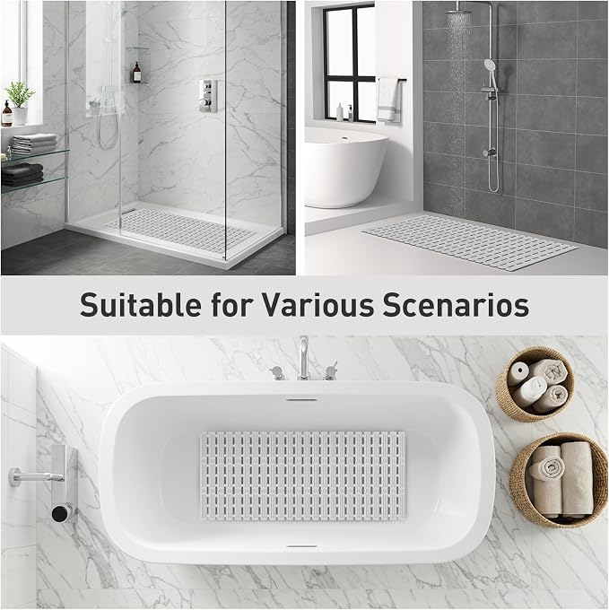 XIYUNTE Shower Mat Non Slip Bathtub Mat, 36 x 16 inches Rubber Bath Mat for Tub Non Slip Shower Mats for Inside Shower with Powerful Suction Cups and Drain Holes, Easy to Cut, Light Grey