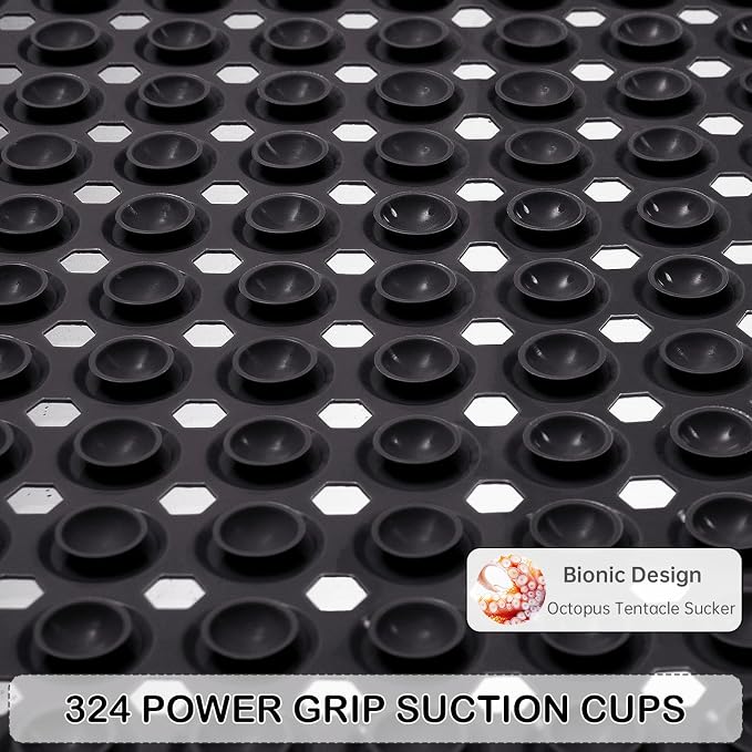 Non-Slip Bathtub and Shower Mats, Power Grip Bath Mat 35 x 16.3 Inch with Suction Cups and Drain Holes for Tub Bathroom Floor Safety, Machine Washable Soft Bathmat, Black