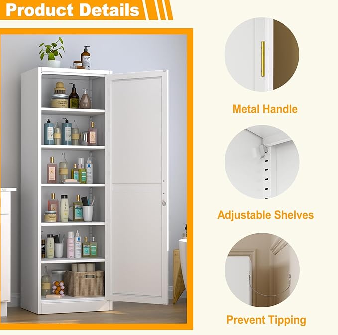 Ckzbx Metal Locker Tall Narrow Storage Cabinet, 67" H Locking Tool File Cabinets Snack Locker Organizer for School Classroom,Bedroom,Gym Home Office,Entryway and Hallway (20" W 1Door White)