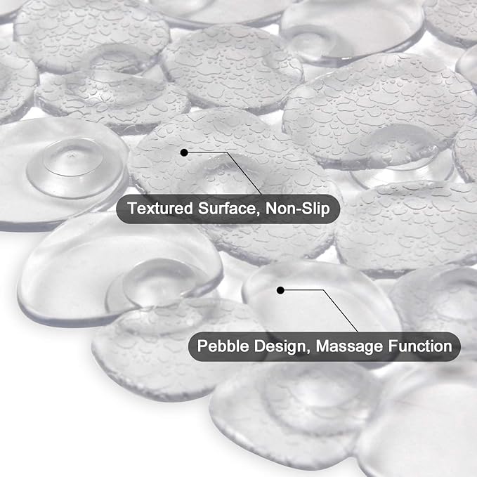 WELTRXE Pebbles Bath Mat Clear Non-Slip Bathtub Mat with Suction Cups, Drain Holes for Bathroom Showers, Tub, Machine Washable, BPA, Latex Free Safe Shower Mats, Oval 27 x 14 Inch