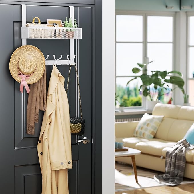 Consumest Over The Door Hooks Organizer - 2 Tier Over Door Hanger with 16 Hooks & 2 Baskets for Hanging Coat, Clothing, Towel, Back Storage for Bathroom, Closet, College Dorm, White