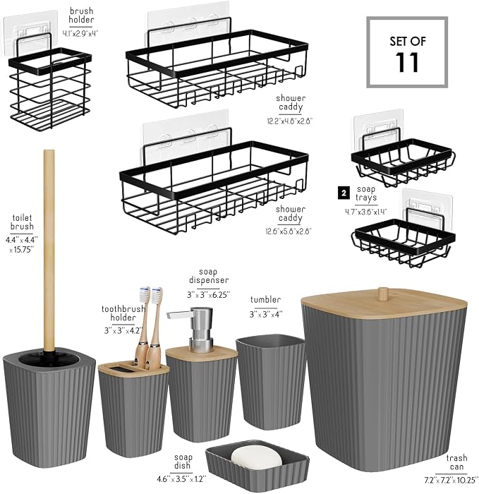 Clara Clark Bathroom Set - Grey Bathroom Accessories Set, 6PC Bathroom Accessory Set, Bathroom Sets with Adhesive Corner Shower Caddy Hanging, Toilet Brush, Trash Can & Soap Dispenser