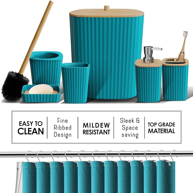 Clara Clark Bathroom Accessories Set - Bathroom Set, Bathroom Sets with Shower Curtain and Rugs, Shower Curtain Set with Bathroom Trash Can - Teal - 22PC