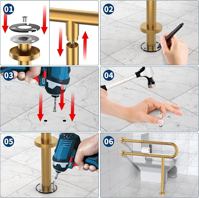 Toilet Grab Bar with Leg 31.5x28 Inch, ZUEXT Brushed Gold Knurled Toilet Support Bar with Toilet Paper Holder,Stainless Steel Wall & Floor Mounted Bathroom Support Rail for Seniors Disabled Pregnant