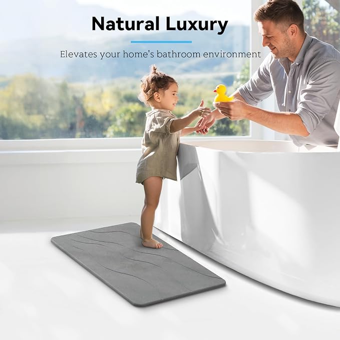 Stone Bath Mat, Dries Quickly, Non-Slip Diatomaceous Earth Stone Bath Mats for Bathroom, Super Absorbent Stone Shower Mat, Easy to Clean, 23.5" x 15.5" Dark Gray-Wave