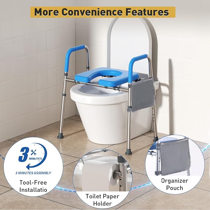 WHLICKS 500lbs Toilet Seat Risers with Handles, Padded Raised Toilet Seat for Seniors, Adjustable Height Toilet Riser, Handicap Elevated Seat, Fit Any Toilet, Blue