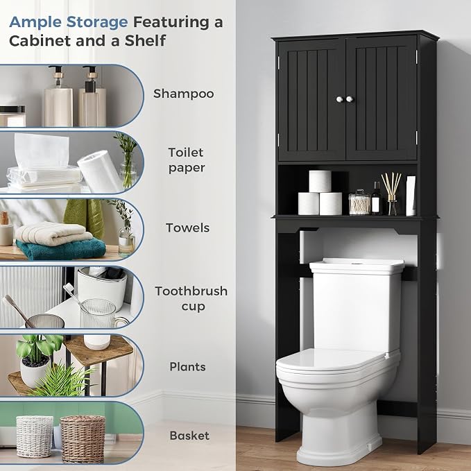 DUMOS Over the Toilet Storage Cabinet, Bathroom Storage Cabinet Over Toilets with Double Doors and Adjustable Shelf, Freestanding Toilet Rack for Bathroom, Black