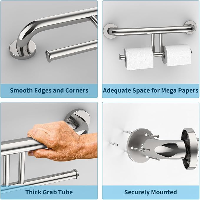 Chrome Grab Bar w/Double Toilet Paper Roll Holder 17 Inch, iHansee Stainless Steel Shower Support Balanced Support Handle, Wall Mounted Safety Bathroom Handrail for Elderly Senior Handicap Disabled