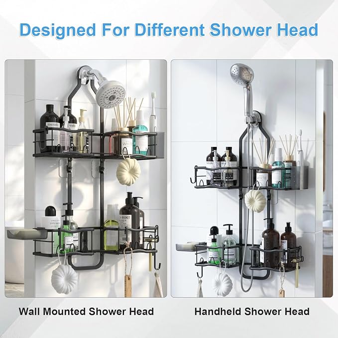 Shower Caddy Hanging Organizer, Rustproof Shower Organizer Hanging for Handheld Showerhead with Hooks for Razor/Sponge, Bathroom Caddy Rack Shower Shelves for Shampoo Soap Towels, Black