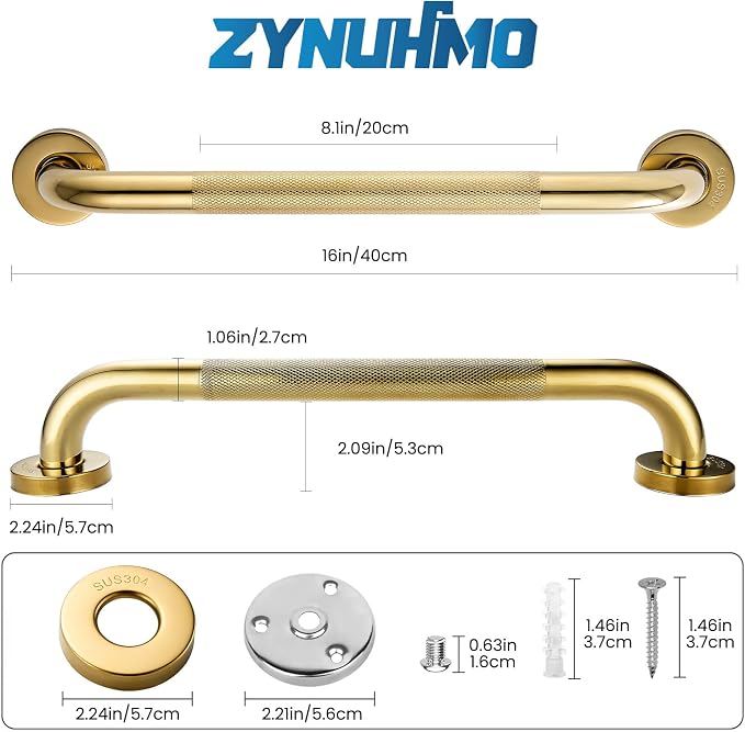 Grab Bars for Shower, Zynuhmo 2 Pack 16 Inch Anti Slip Stainless Steel Bathroom Safety Shower Grab Bar Handrails for Handicap Injury Pregnant Senior Assist Shower Handles(Titanium Gold, 1" Diameter)