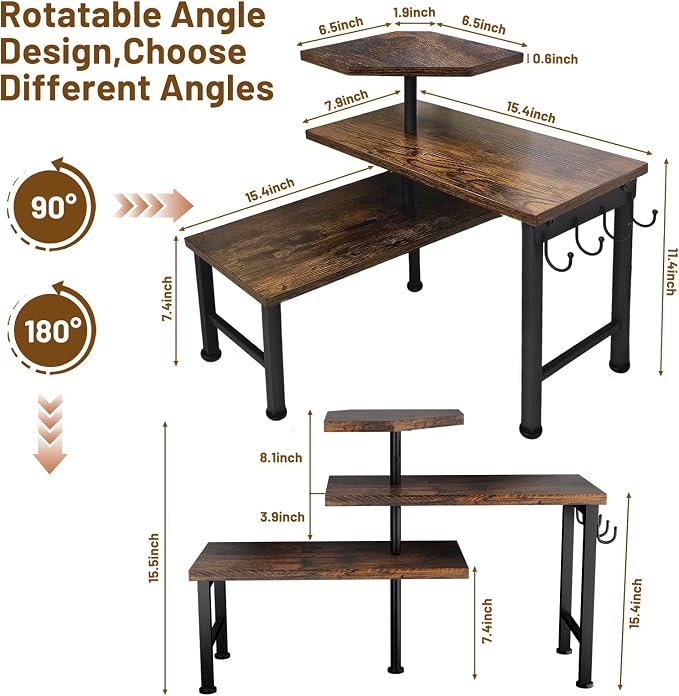Kitchen Countertop Organizer, 3 Tier Moveable Corner Shelf Kitchen Shelf with Hook, Countertop Organizer for Bathroom, Spice Rack, Bookshelf, Coffee Area, Dresser Table (Brown)
