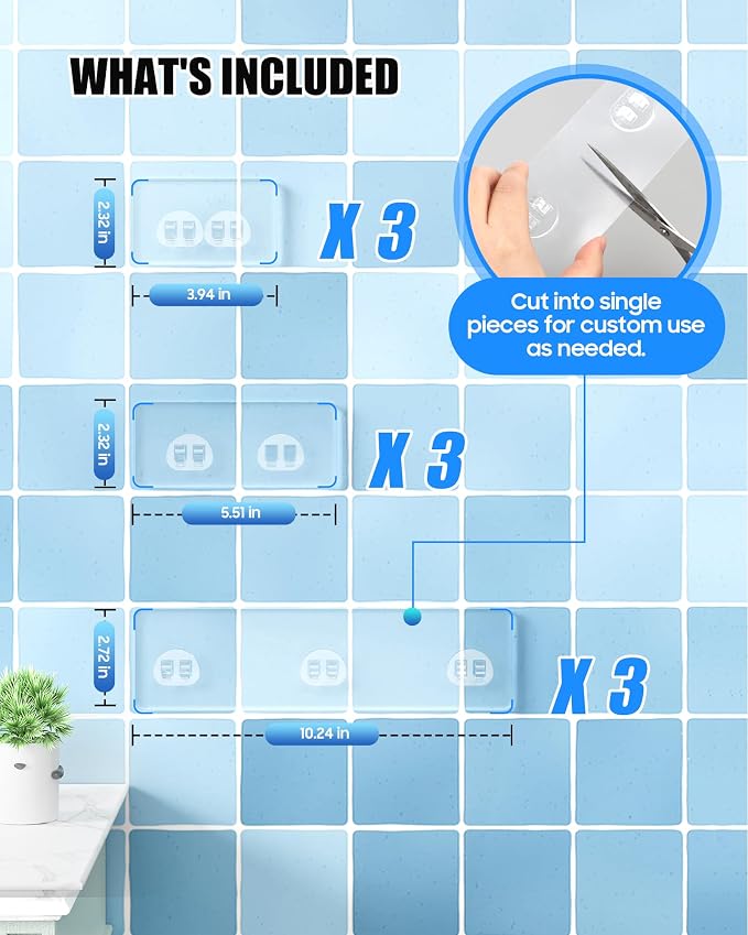 9 Pack Shower Caddy Adhesive Replacement, Strong Waterproof Transparent Adhesive Strips, No Drilling Shower Shelf Adhesive Hooks for Bathroom Shelves, Corner Basket, Soap Holder & Kitchen Racks