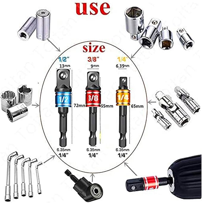 CIGOTU Impact Grade Socket Adapter Set - 3 Pcs Extension Drill Bit Socket Wrench Adapter for Impact Driver 1/4 3/8 1/2" Drive, 105 Degree Right Angle Drill Attachment for Household Workplace Industry