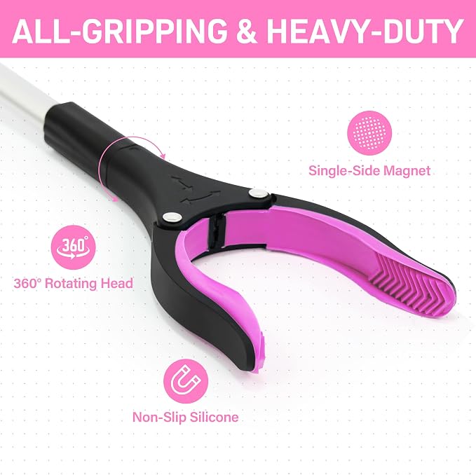 Grabber Reacher Tool for Seniors, 43" Foldable Reacher Grabbers Pickup Stick with Anti-Slip 360° Rotating Jaw, with Magnet for Disabled, After Surgery Recovery (Pink, 43inch 2pack)